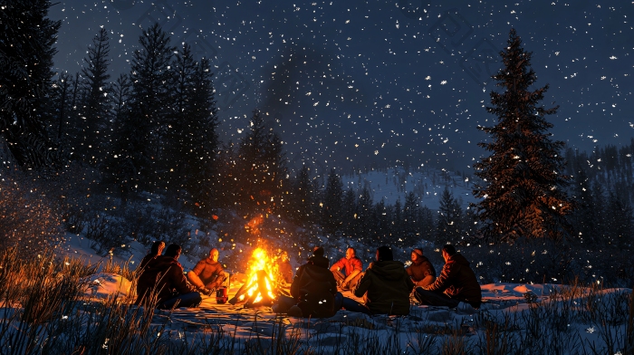 雪夜篝火家人树林图片-包图网企业站