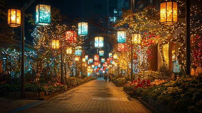 夜晚街道彩灯彩色灯光图片-包图网企业站