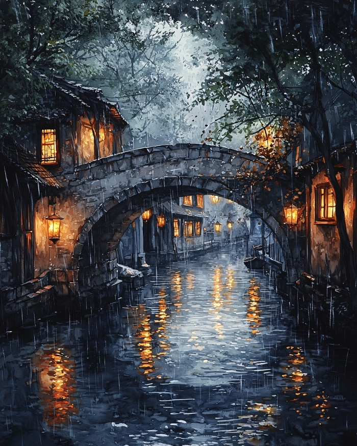 雨夜古桥小镇油画图片-包图网企业站