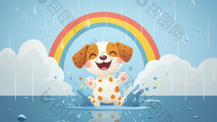 雨中彩虹下快乐的小狗图片-包图网企业站