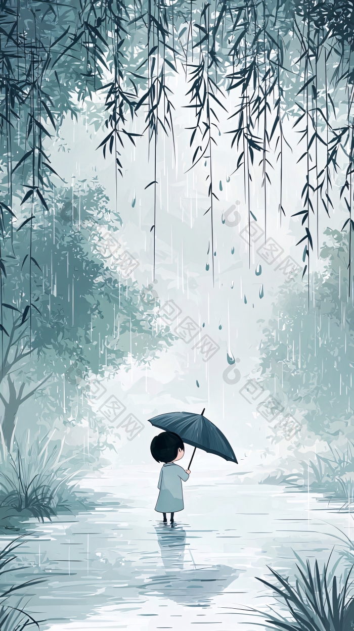 雨中撑伞的孩子插画图片-包图网企业站