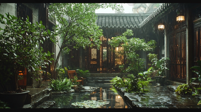 雨中江南古宅庭院图片-包图网企业站
