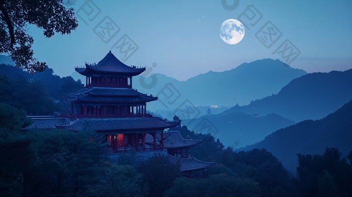 月夜古建筑古寺图片-包图网企业站