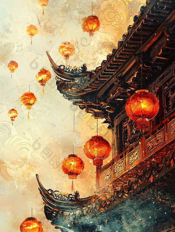 中国风灯笼建筑水墨画图片-包图网企业站