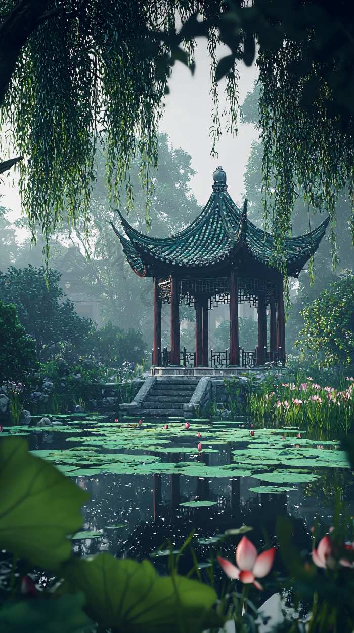 中式园林亭台朦胧图片-包图网企业站