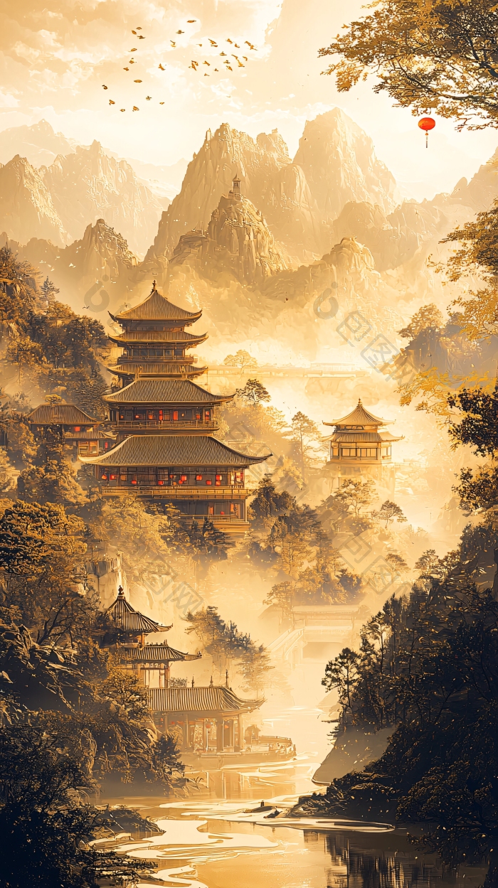 壮丽山水间的古风建筑图片-包图网企业站