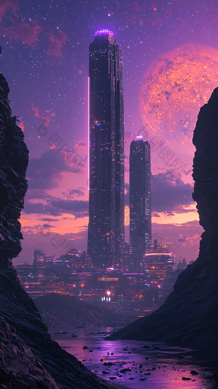 紫色天空下的未来都市图片-包图网企业站