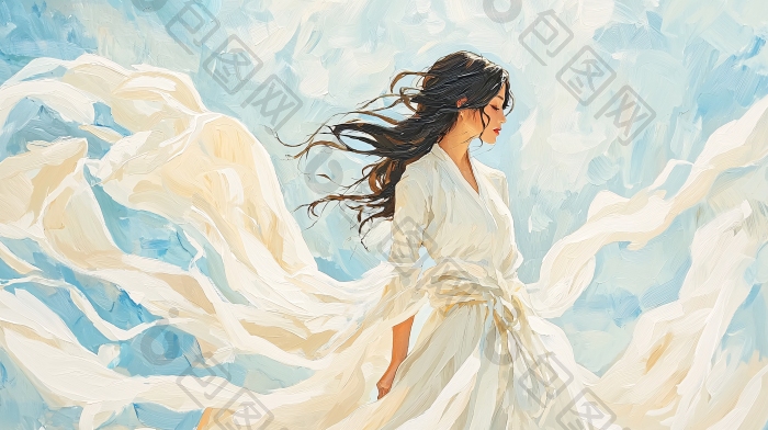 白衣女子随风飘动图片-包图网企业站