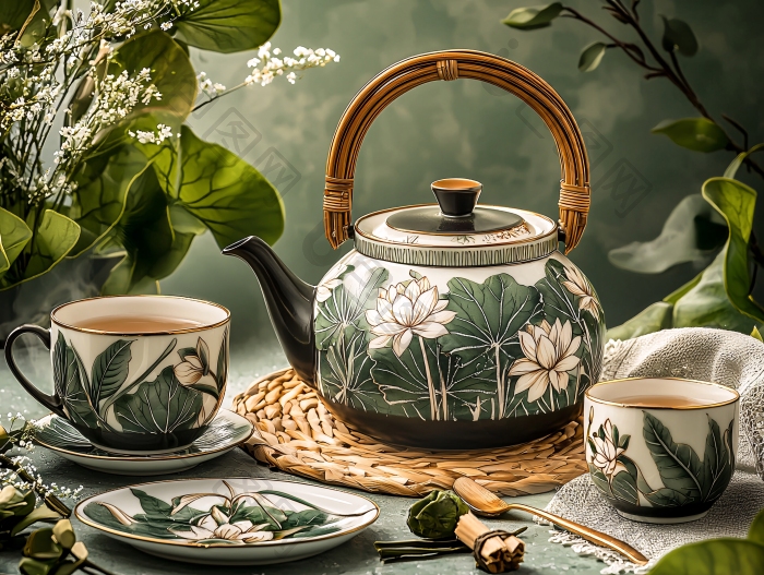 精致茶具与花草的静物图片-包图网企业站