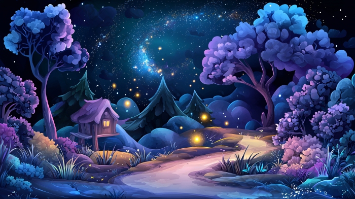 夜晚魔幻森林小屋场景图片-包图网企业站