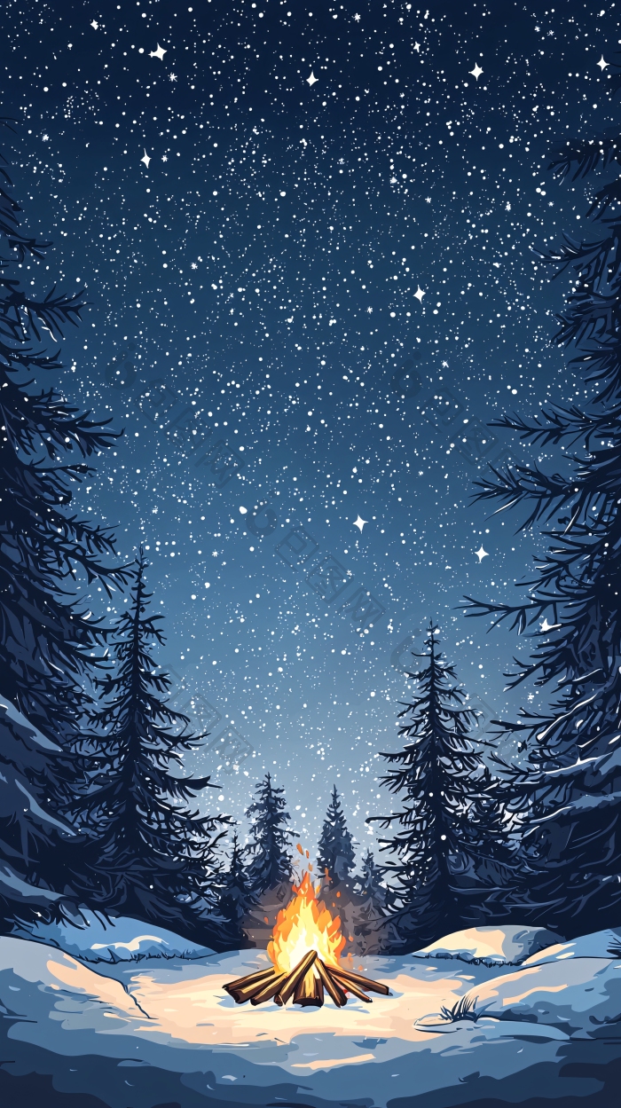 冬夜篝火下的雪景图片-包图网企业站