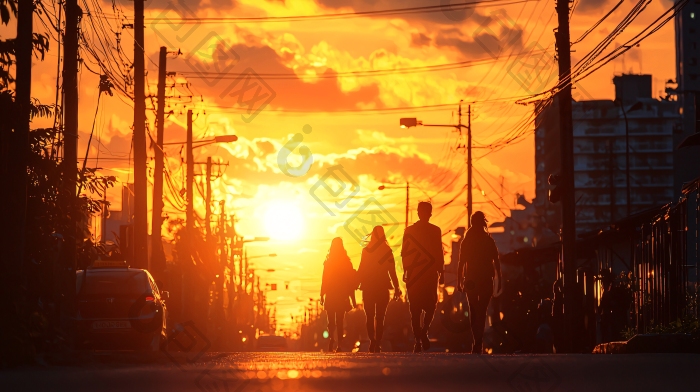 夕阳下的城市街道行人剪影图片-包图网企业站