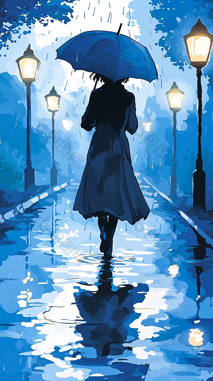 雨中漫步的蓝色伞影图片-包图网企业站