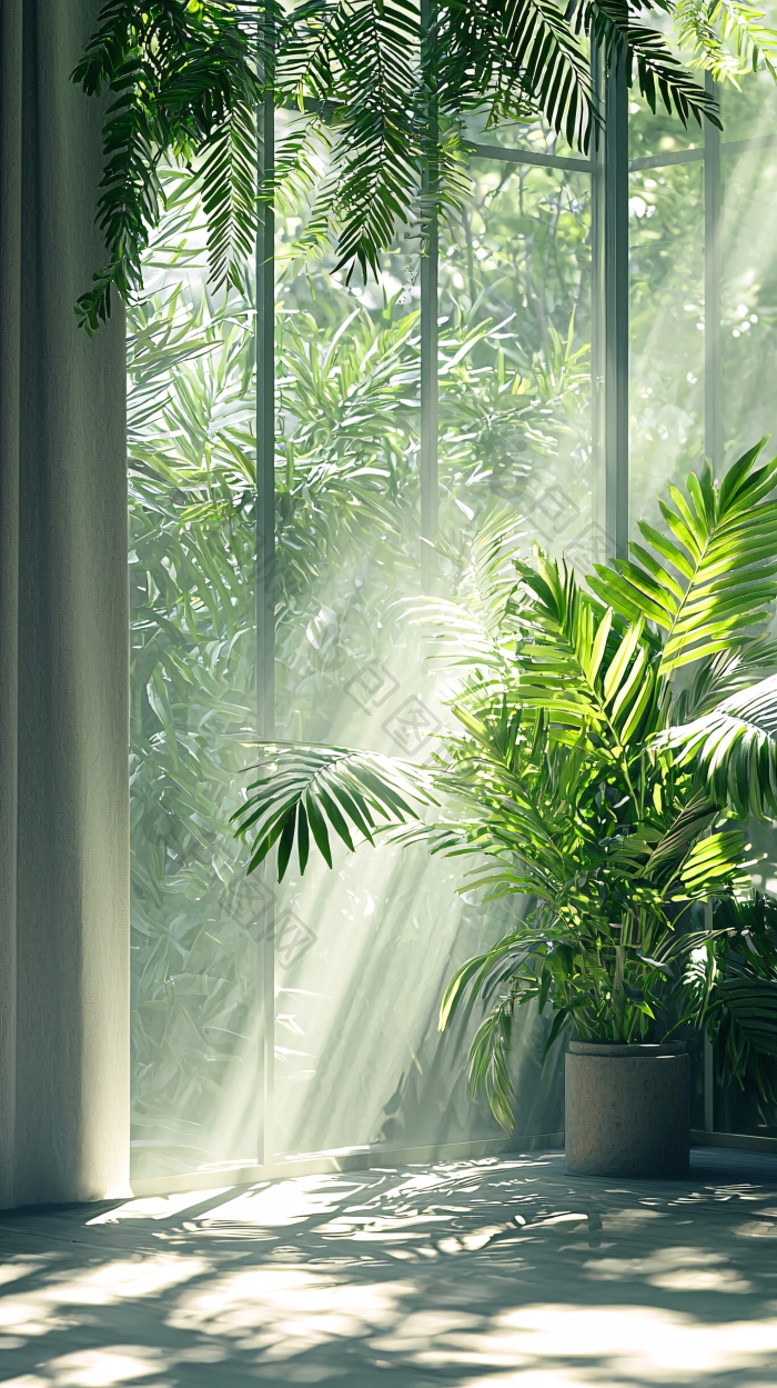 阳光透过窗户洒进热带植物园室内绿植图片-包图网企业站