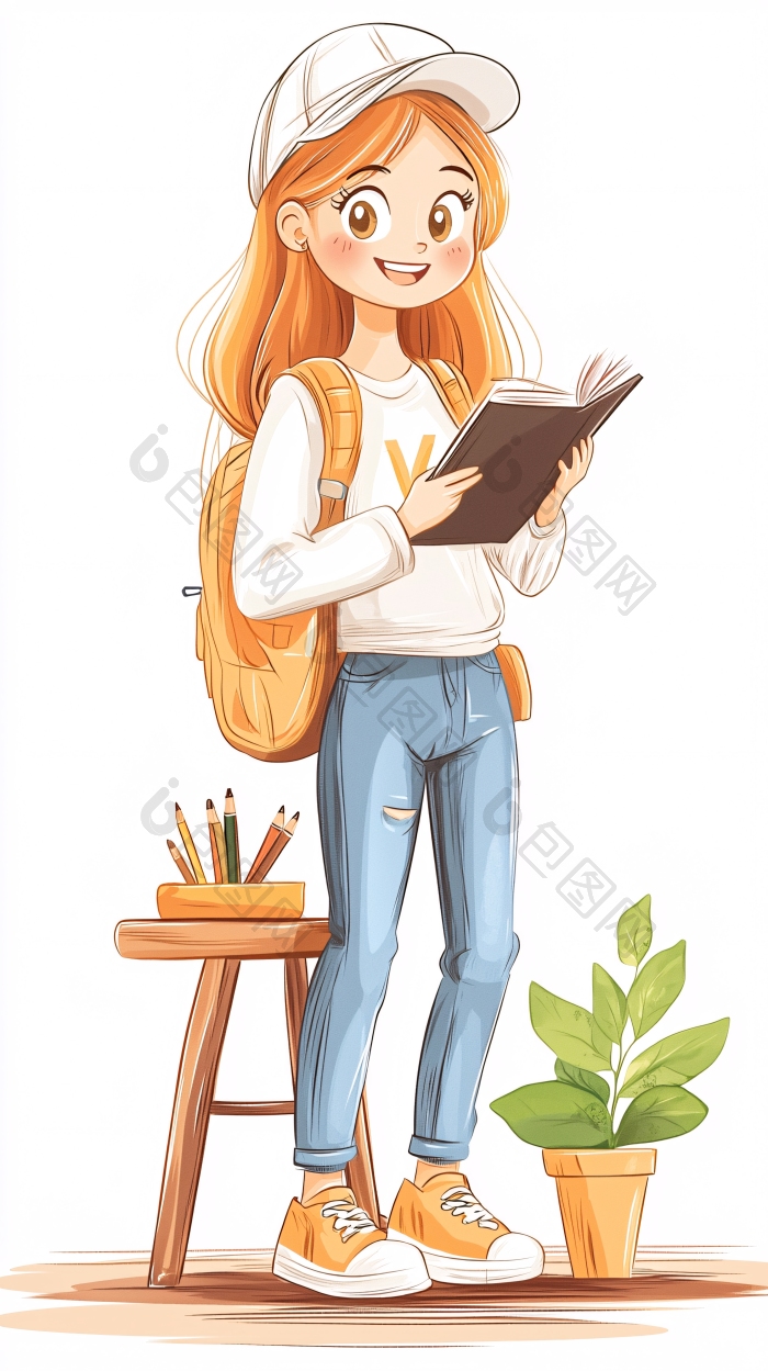 校园女孩阅读书本插画图片-包图网企业站