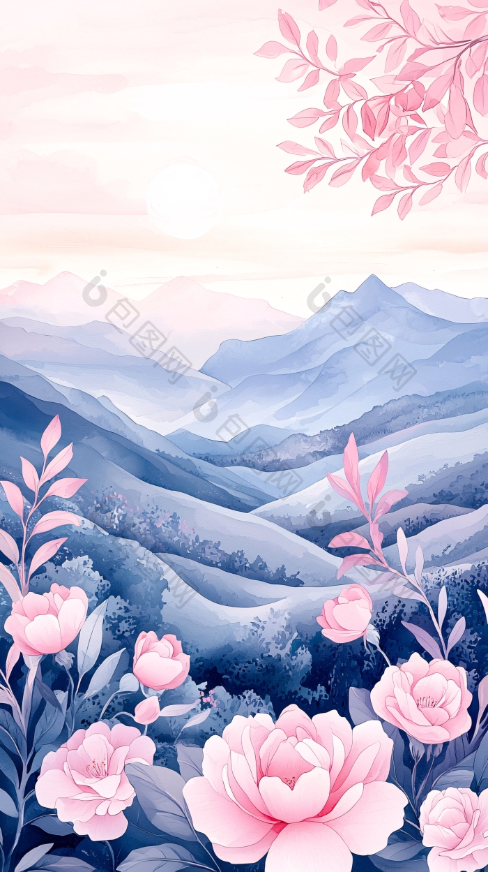 粉色花卉山脉风景插画背景图片-包图网企业站
