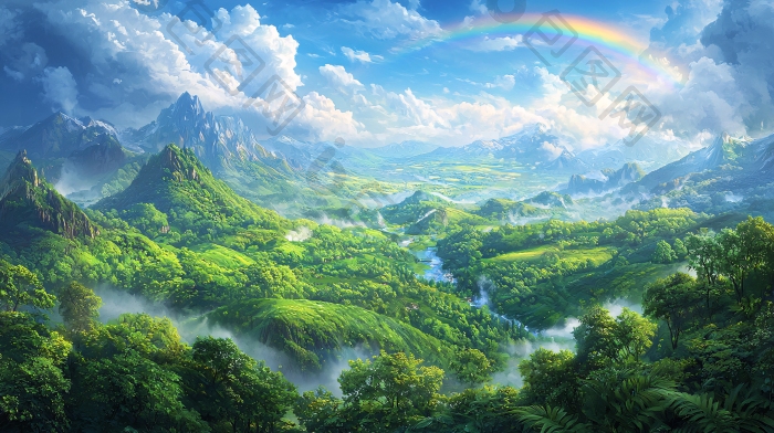 彩虹山间绿意盎然森林图片-包图网企业站