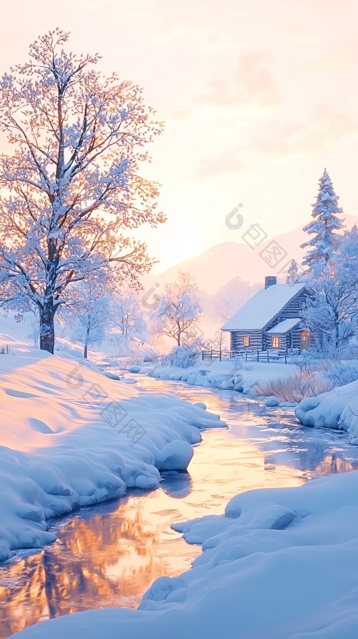 冬日雪景小屋潺潺流水寒冷天气图片-包图网企业站