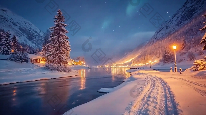 冬夜湖畔雪景与极光图片-包图网企业站