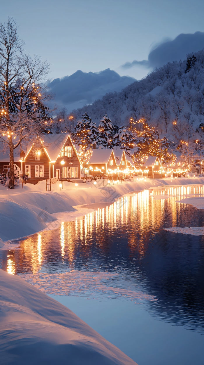 冬夜小村庄灯火辉煌雪景图片-包图网企业站