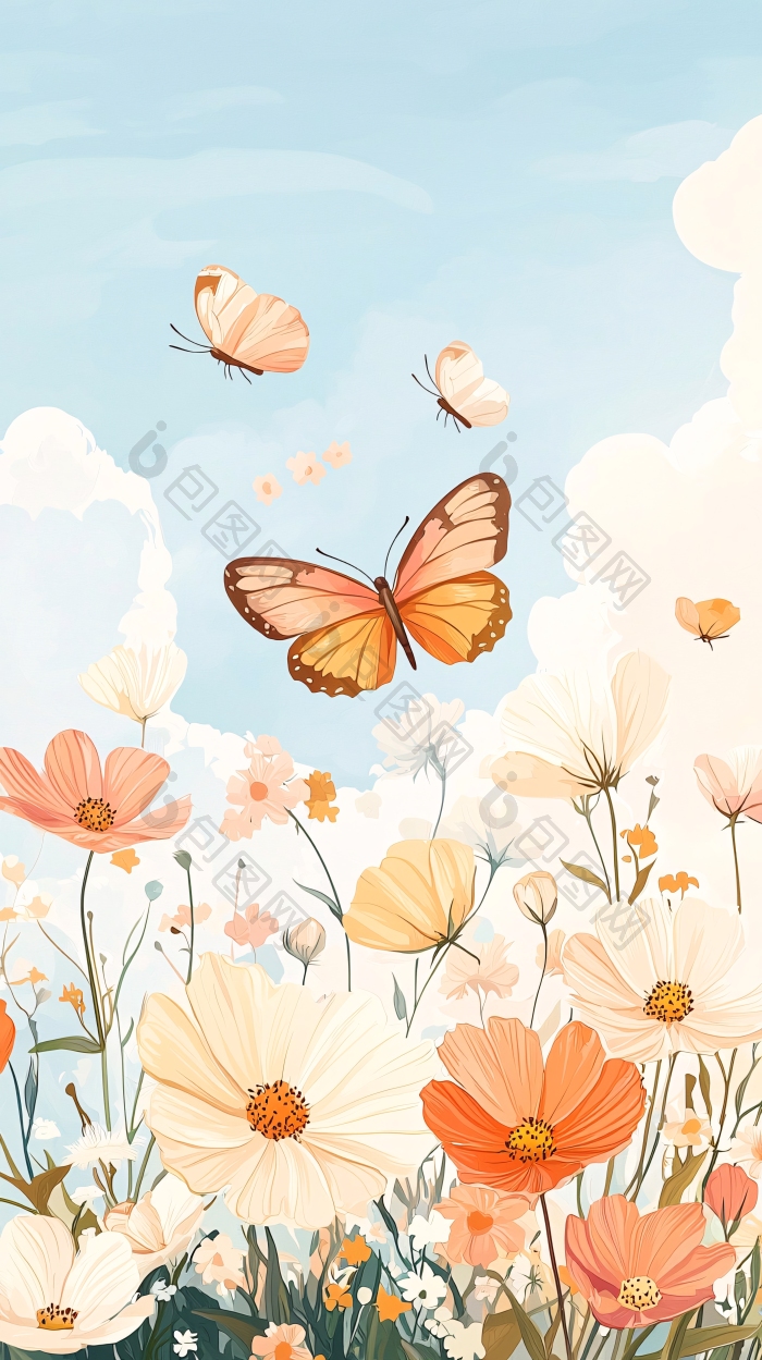 蝴蝶与花朵的梦幻场景插画图片-包图网企业站