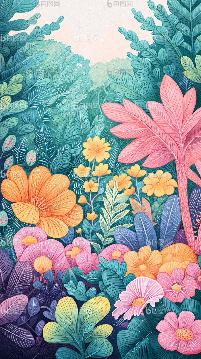 热带雨林植物插画背景热带雨林