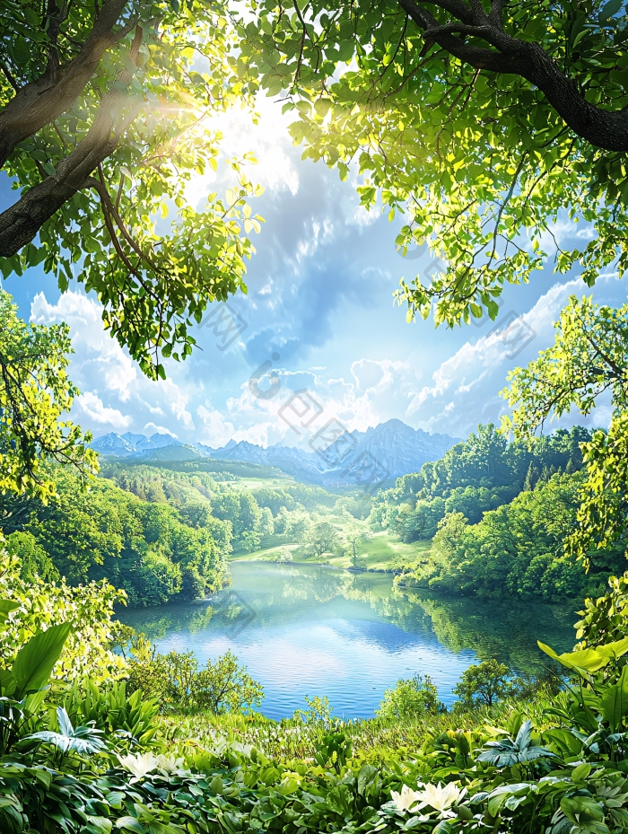 夏日湖畔绿意盎然自然风光图片-包图网企业站