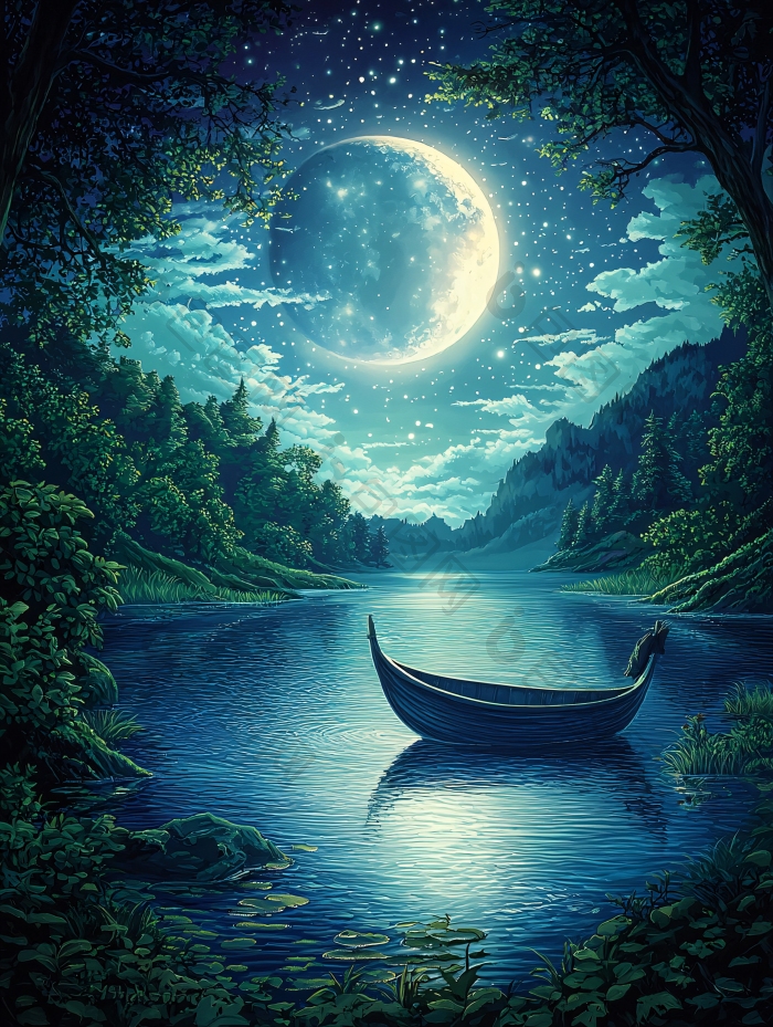 月夜湖畔独舟静谧图片-包图网企业站