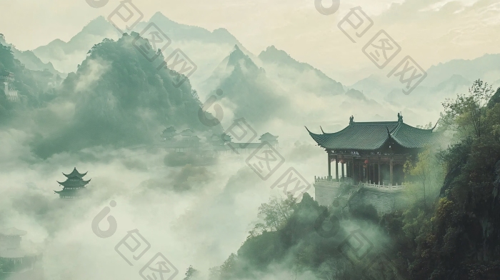 云雾缭绕古建筑群古典图片-包图网企业站