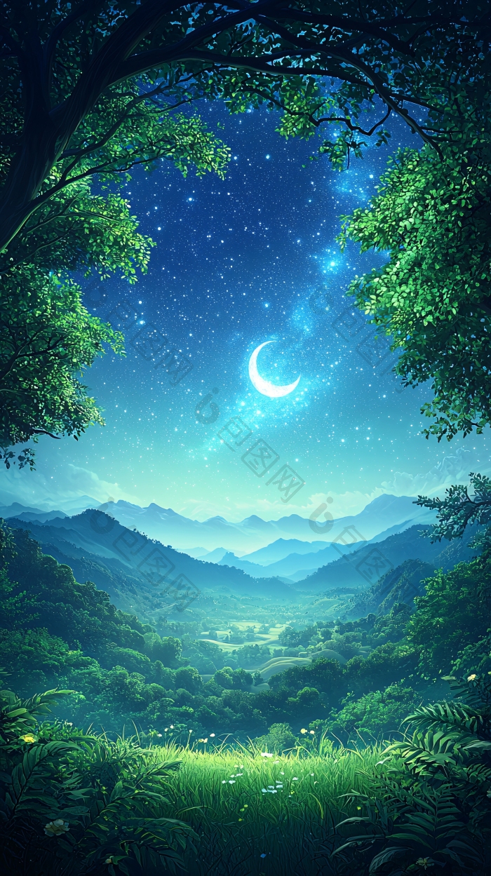 夜晚森林中的月亮与星星图片-包图网企业站