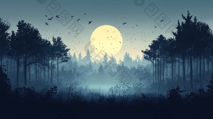 夜晚森林中的满月与飞鸟图片-包图网企业站