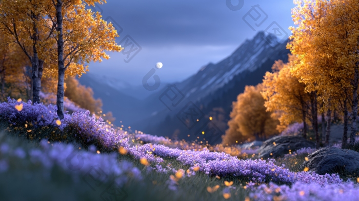 秋夜山间花海月光图片-包图网企业站