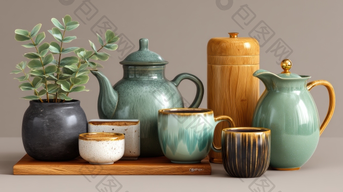 陶瓷茶具与植物摆件组合图片-包图网企业站