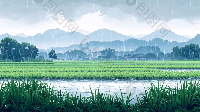 雨中稻田风景插画图片-包图网企业站
