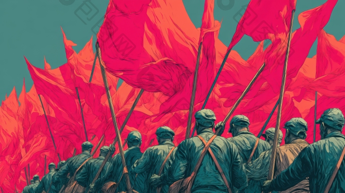 红色旗帜下的士兵行进图片-包图网企业站