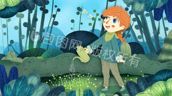 绿色春分小女孩蝴蝶小清新插画图gif动图下载-包图网