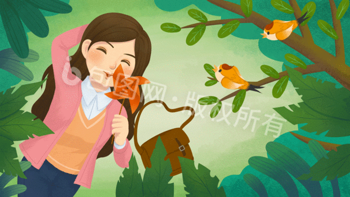 唯美清新春分森林女孩玩风车gif动图下载-包图网
