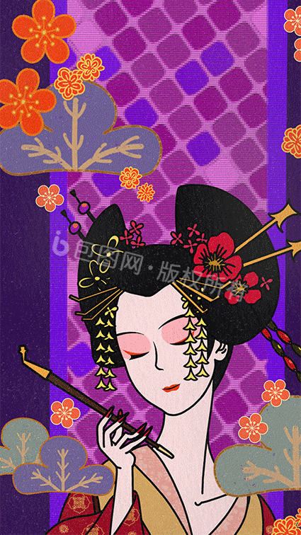 紫色浮世绘中国风日式和风艺伎花魁gif