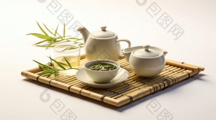 亚洲茶的概念两杯白茶茶壶茶具筷子竹垫周围图片-包图网企业站
