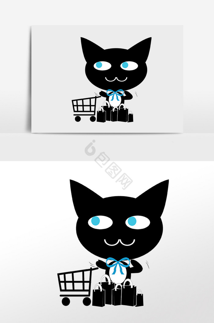 宠物黑猫推购物车插画图片