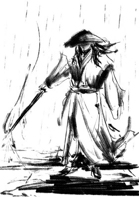 中国风水墨武侠剑客大侠雨中图片