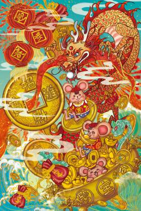 新年拜大年猪年2019海报元宵节十二生肖牛战疫国风插画牛年年画123456