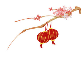 水彩春节装饰红灯笼花枝