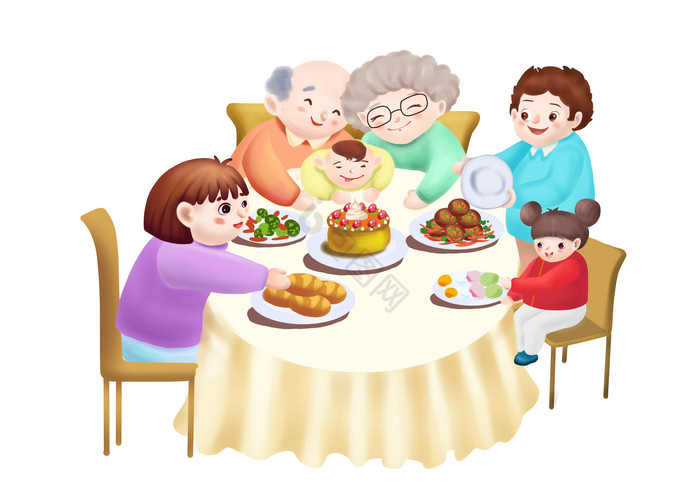 家庭聚餐家宴幸福一家人插画图片