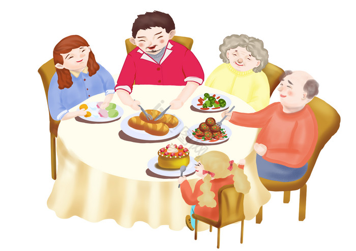 家庭聚餐一家人吃团聚插画图片