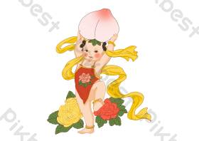 中国风举着蟠桃的年画娃娃图片