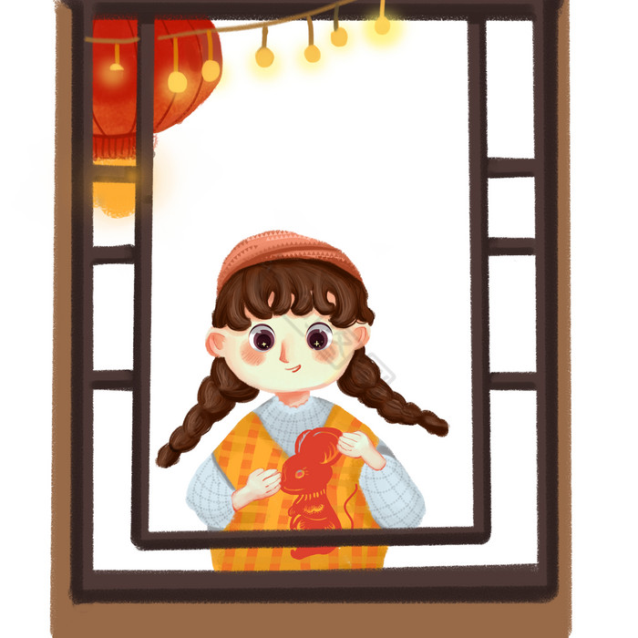 春节习俗贴窗花插画图片