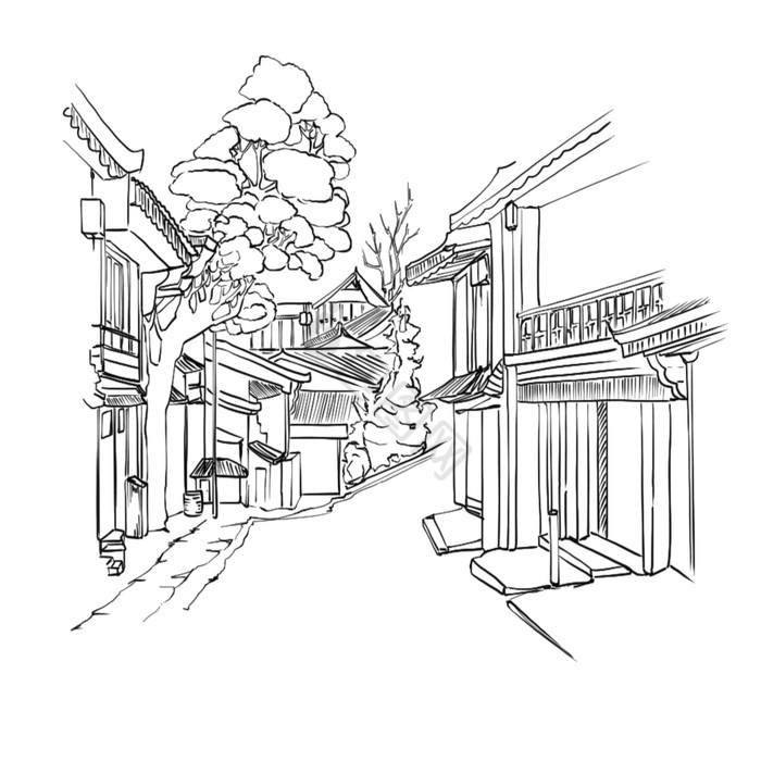 线描古镇古街道古巷