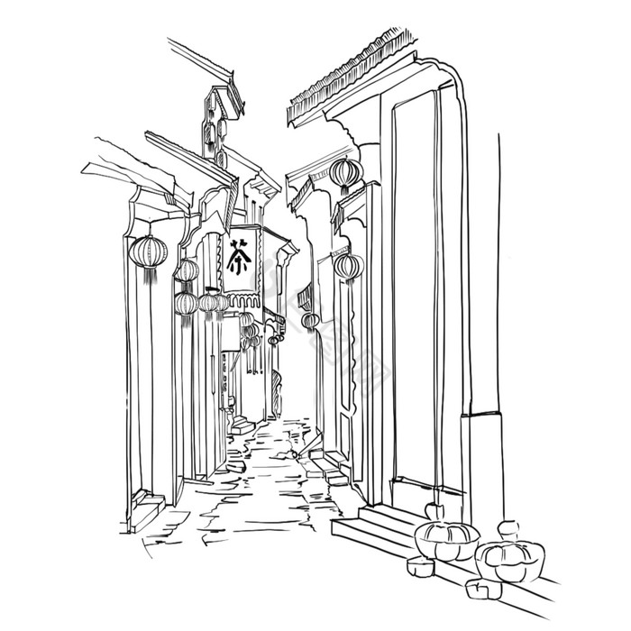 线描古街道古镇建筑素描古街区古街道建筑古巷老街老胡同您是不是想找