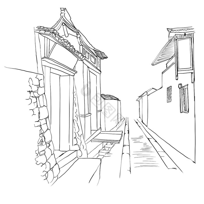 线描古街道古镇建筑